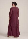 2-Piece V-Neck Cascade Ruffle Chiffon Mother of the Bride Dress with 3/4 Sleeve Jacket