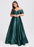 Plus Size Ball-Gown/Princess V-Neck Floor-Length Satin Prom Dresses With Pleated