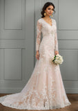 Trumpet/Mermaid V-Neck Court Train Tulle Lace Wedding Dress