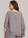 Plus Size Bateau Neck Beaded Shoulder 3/4 Sleeve Double-Tiered Asymmetric Chiffon Top & Wide-Leg Pants Mother of the Bride Pantsuit