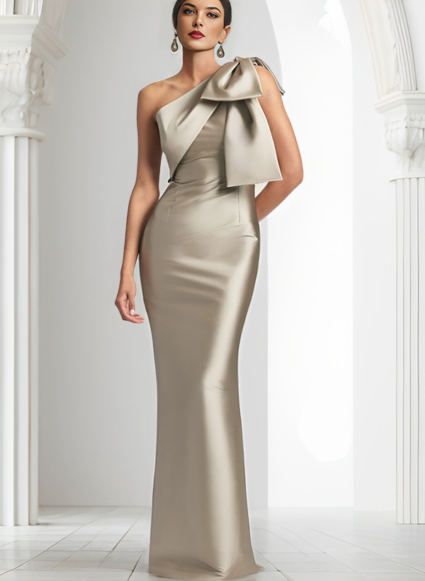 One Shoulder Satin Wedding Guest Dress With Bow RoseProm One Shoulder Satin Wedding Guest Dress With Bow RoseProm