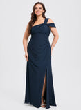 Plus Size Trumpet/Mermaid Halter Off the Shoulder One Shoulder V-Neck Floor-Length Chiffon Bridesmaid Dress With Ruffle