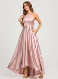 A-line High Neck Asymmetrical Stretch Satin Prom Dresses