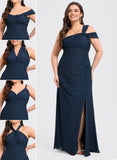 Plus Size Trumpet/Mermaid Halter Off the Shoulder One Shoulder V-Neck Floor-Length Chiffon Bridesmaid Dress With Ruffle