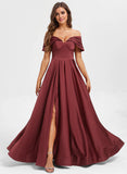 A-line Off the Shoulder Floor-Length Matte Satin Prom Dresses With Pleated