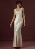 Column/Mermaid Sequin Square-Neck Sleeveless Maxi Prom Dress