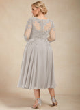 A-line Scoop Illusion Tea-Length Chiffon Lace Mother of the Bride Dress With Sequins