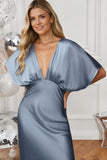 Flutter Sleeve Deep-V Satin Maxi Bridesmaid Dress