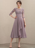 A-line Scoop Illusion Tea-Length Lace Chiffon Mother of the Bride Dress With Cascading Ruffles