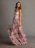 Mauve Floral Chiffon Floor Length V-Neck Maxi Prom Dress