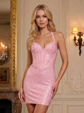 Halter Neck Sweetheart Allover Rhinestone Boned Corset Open Back Bodycon Mini Dress