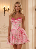 Strapless Sweetheart Lace Trim Floral Print Boned Corset Tiered Ruffle Homecoming Dress