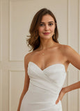 Sheath Strapless Court Train Satin Tulle Wedding Dress With Lace