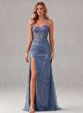 Spaghetti Straps Sweetheart Sequin Mermaid Prom Dress with Side Slit