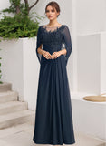 A-line Scoop Illusion Floor-Length Lace Chiffon Mother of the Bride Dress With Sequins Pleated