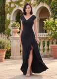 V-Neck Cap Sleeve Ruched Jersey Mother of the Bride Dress with Cascade Ruffle & Side Slit