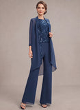3-Piece Jewel Neck Allover Sequin Lace Top, 3/4 Sleeve Sequin Trim Chiffon Mother of the Bride Pantsuit