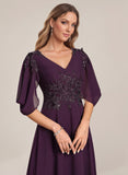 V-Neck Flutter Sleeve Sequin Floral Applique Empire Waist A-Line Chiffon Mother of the Bride Dress