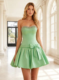 Strapless Beaded Scallop Neck Corset Homecoming Dress with Bow & Pleated Dress