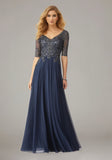 Stretch Mesh Special Occasion Dress with Beaded Metallic Lace Appliqués
