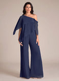 One Shoulder Draped Cape Chiffon Wide-Leg Jumpsuit for Mother of the Bride