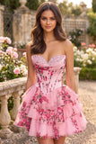 Strapless Sweetheart Floral Corset Homecoming Dress with Tiered Ruffle Dress