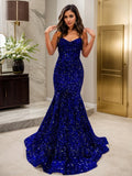 Trumpet/Mermaid Sweetheart Sweep Train Velvet Sequins Evening Dresses With Ruffles