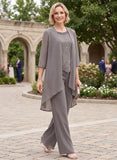 3-Piece Beaded Scoop Neck Scallop Lace Hem Sleeveless Top, 3/4 Sleeve Asymmetric Chiffon Jacket & Wide-Leg Pants Mother of the Bride Pantsuit