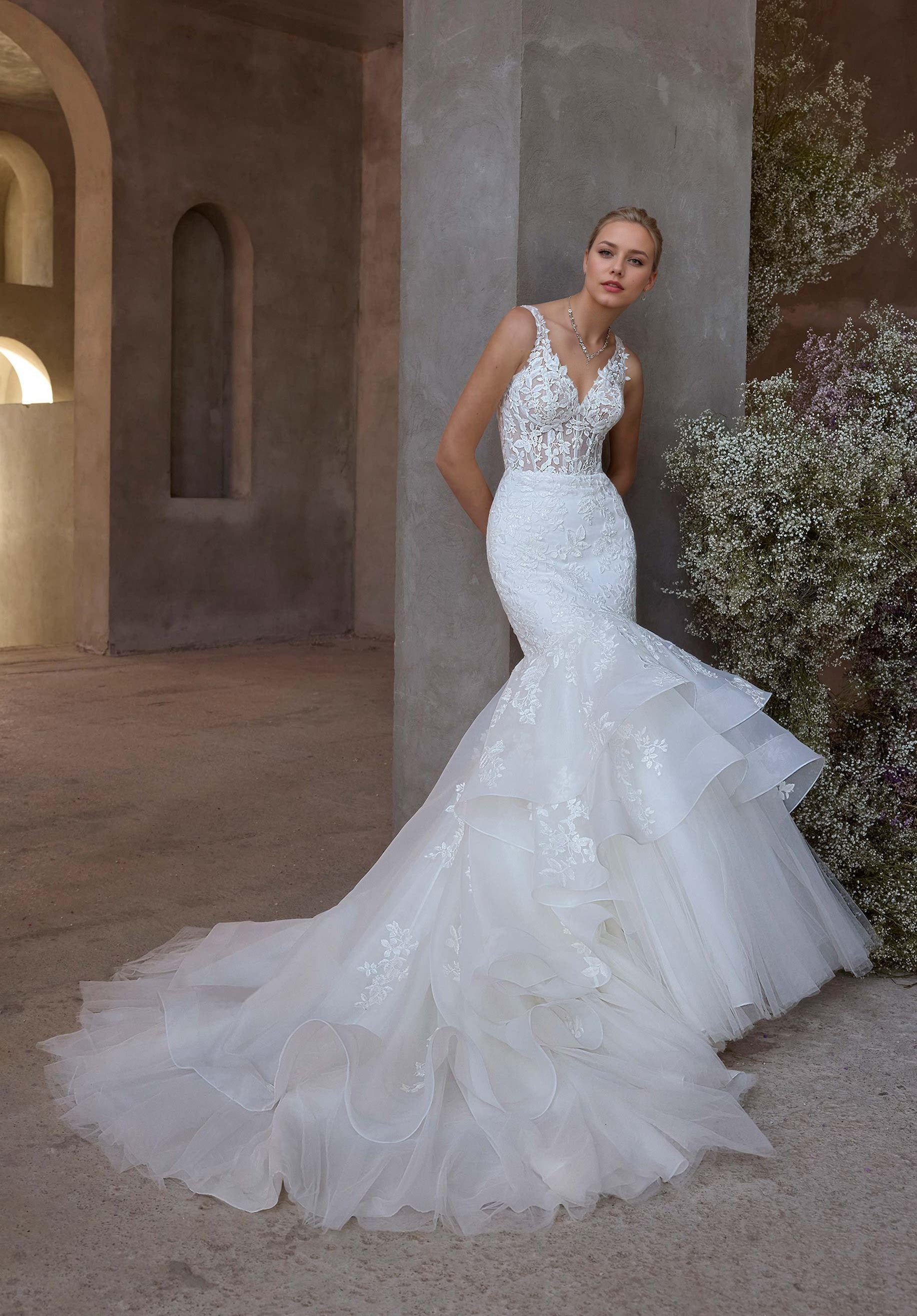 Mermaid Lace Corset V Neck Tiered Organza Wedding Dress RoseProm Mermaid Lace Corset V Neck Tiered Organza Wedding Dress RoseProm