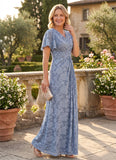 V-Neck Flutter Sleeve Floral Jacquard A-Line Mother of the Bride Dress