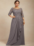 Plus Size A-line Scoop Illusion Floor-Length Lace Chiffon Mother of the Bride Dress With Cascading Ruffles