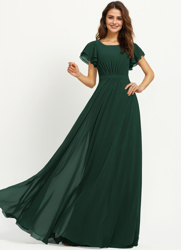 A-line Scoop Floor-Length Chiffon Bridesmaid Dress With Ruffle RoseProm A-line Scoop Floor-Length Chiffon Bridesmaid Dress With Ruffle RoseProm