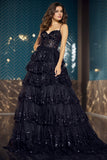 Tulle Sequin A-Line Maxi Prom Dress