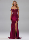 Off-Shoulder Mermaid Prom Dress with Lace Applique & Side Slit