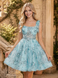 Square Ruffle Straps Sequin Floral Corset Bodice A-Line Tulle Mini Dress