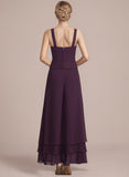 3-Piece Square Neck Beaded Floral Camisole Top, Long Sleeve Chiffon Jacket & Tiered Wide-Leg Pants Mother of the Bride Pantsuit