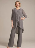 3-Piece Beaded Scoop Neck Scallop Lace Hem Sleeveless Top, 3/4 Sleeve Asymmetric Chiffon Jacket & Wide-Leg Pants Mother of the Bride Pantsuit
