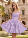 Square Neck Horizontal Ruched Corset Fit and Flare Satin Mini Dress