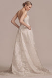 Strapless Floral Embroidered Tulle Pockets A-Line Wedding Dress with Train