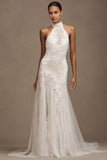 Halter Fit & Flare Beaded Lace Wedding Gown