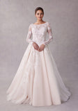 Illusion Boat neck long sleeves Wedding Gown with Back Bow