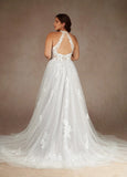 A-Line Halter Sequins Tulle Lace Wedding Dress