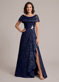 Cowl Neck Cap Sleeve Floral Jacquard A-Line Mother of the Bride Dress with Brooch & Side Slit