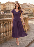 V-Neck Flutter Sleeve Ruched Waist Chiffon Tea Length Mother of the Bride Dress