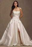 Strapless Drop-Waist Draped Ball-Skirt Wedding Gown