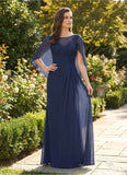 Bateau Neck Lace Applique Cape Sleeve Ruched Chiffon Mother of the Bride Dress