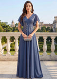 V-Neck Flutter Sleeve Sequin Floral Embroidered Chiffon A-Line Mother of the Bride Dress