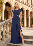 Scoop Neck Cowl Cape Sleeve Beaded Brooch Cascade Ruffle Mother of the Bride Dress with Side Slit