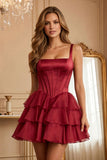 Square Neck Wide Strap Corset Satin Homecoming Dress with Tiered Organza Ruffle Dress & Lace-Up Back