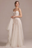 Spaghetti Strap Sweetheart 3D Floral & Vine Applique Tulle Wedding Dress with Train